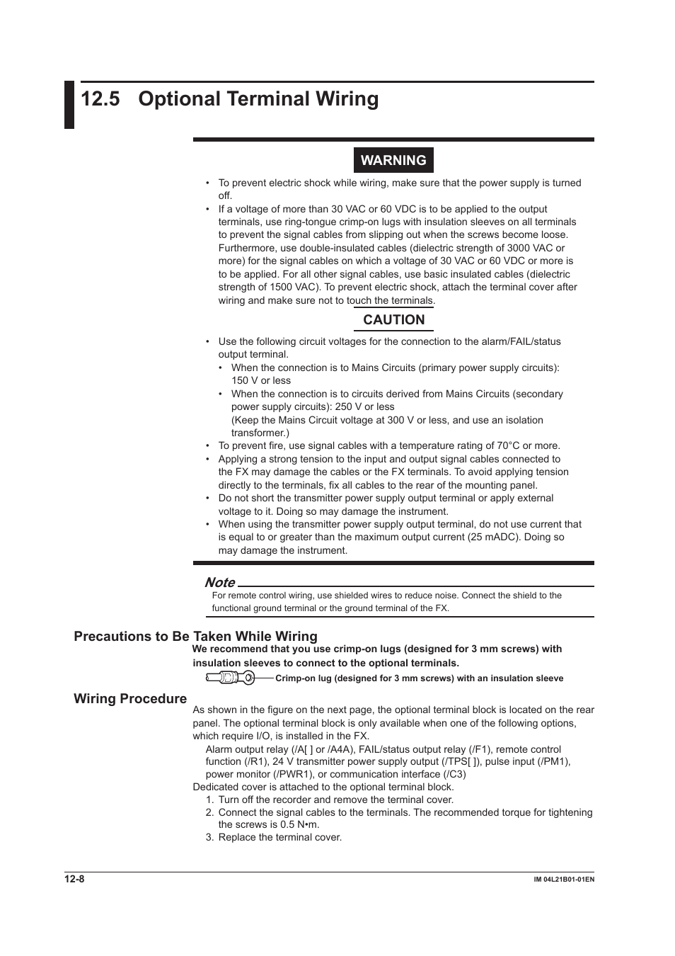 5 optional terminal wiring, 5 optional terminal wiring -8, Warning | Caution, Precautions to be taken while wiring, Wiring procedure | Yokogawa Value Series FX1000 User Manual | Page 257 / 327