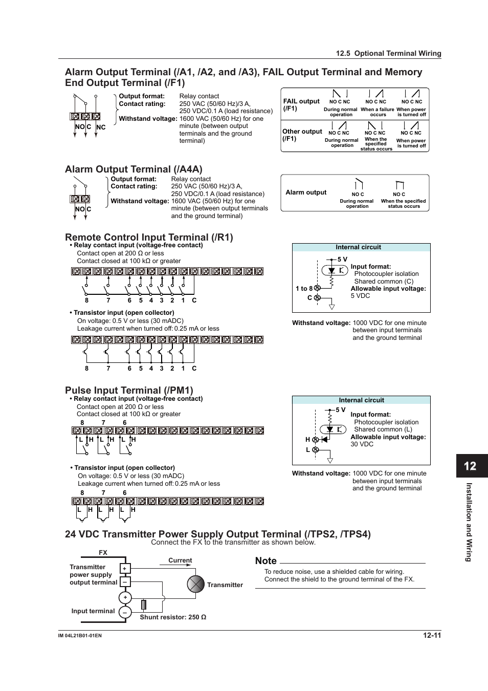 Alarm output terminal (/a4a), Remote control input terminal (/r1), Pulse input terminal (/pm1) | Yokogawa Value Series FX1000 User Manual | Page 260 / 327