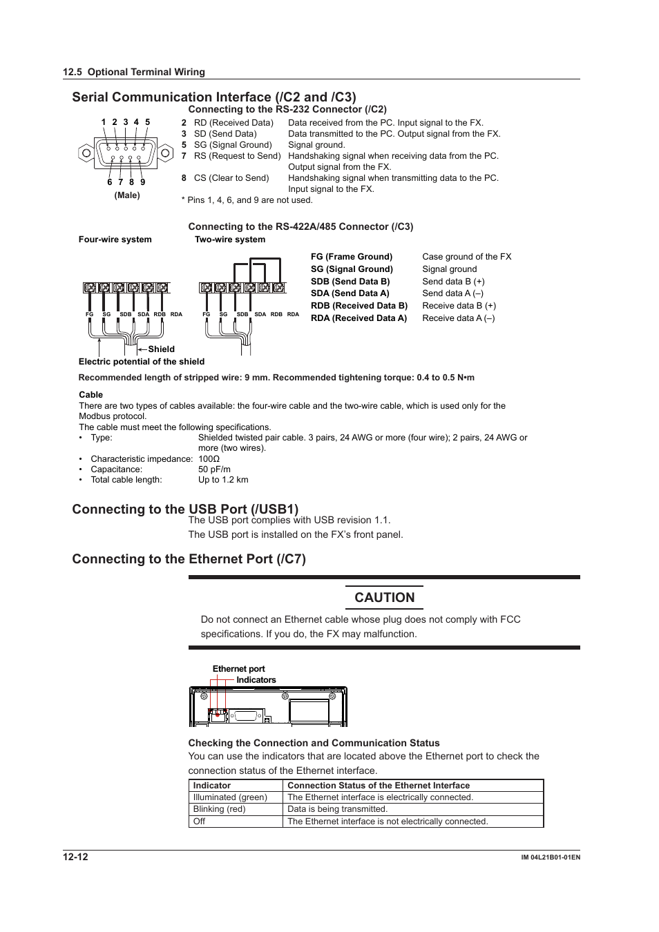 Serial communication interface (/c2 and /c3), Connecting to the usb port (/usb1), Connecting to the ethernet port (/c7) caution | Yokogawa Value Series FX1000 User Manual | Page 261 / 327