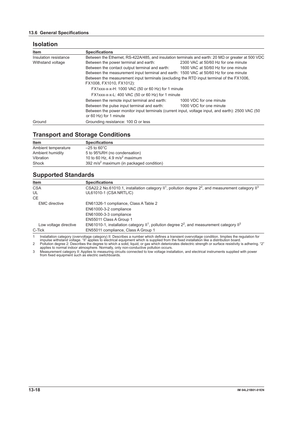 Isolation, Transport and storage conditions, Supported standards | Yokogawa Value Series FX1000 User Manual | Page 283 / 327