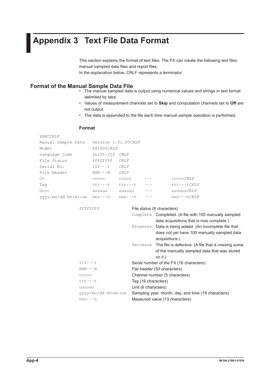 Appendix 3 text file data format, Appendix 3, Format of the manual sample data file | Yokogawa Value Series FX1000 User Manual | Page 317 / 327