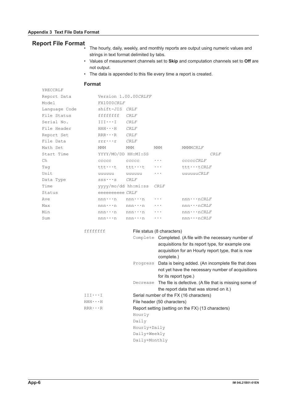 Report file format | Yokogawa Value Series FX1000 User Manual | Page 319 / 327