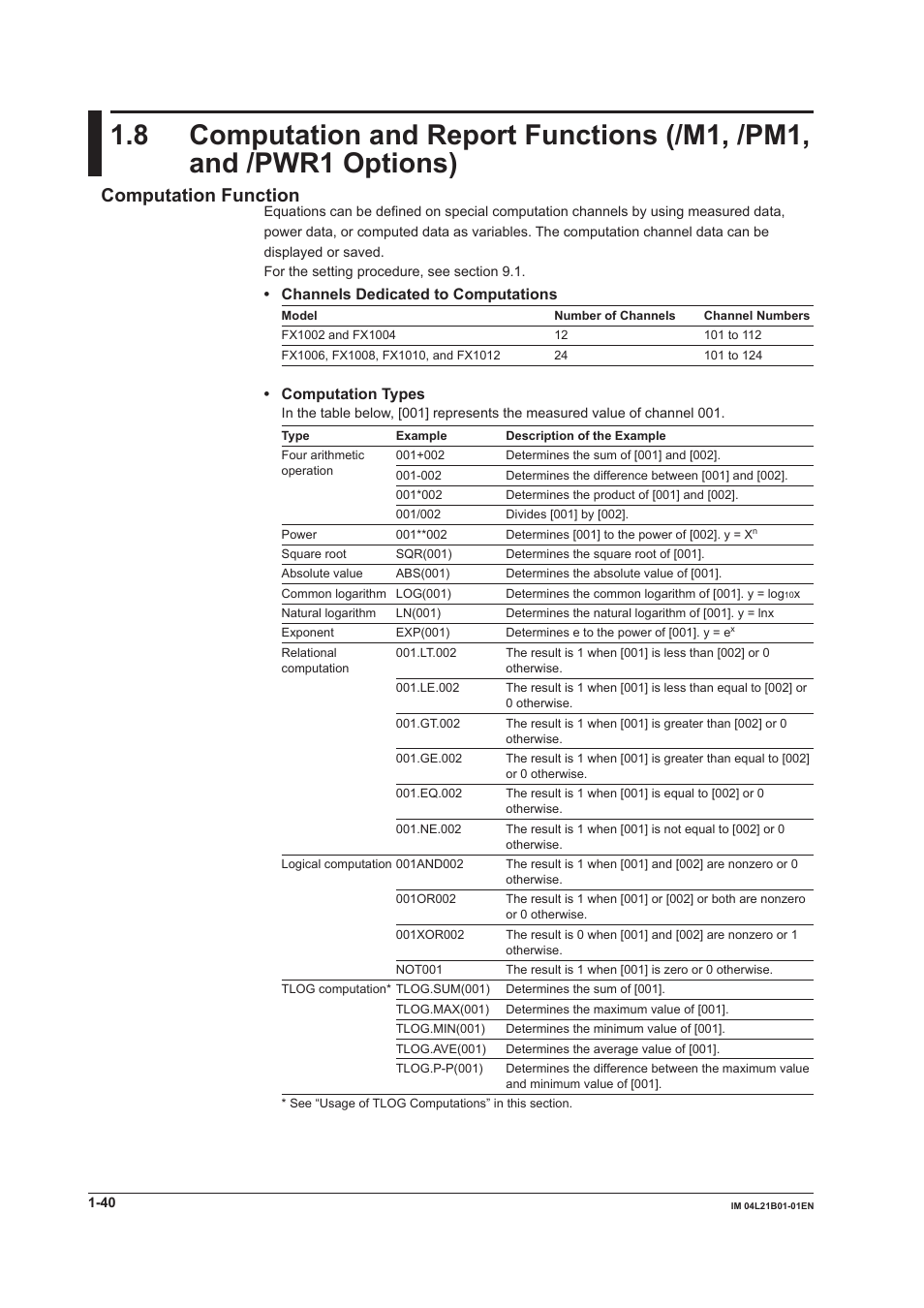 Computation function, Channels dedicated to computations, Computation types | Yokogawa Value Series FX1000 User Manual | Page 49 / 327