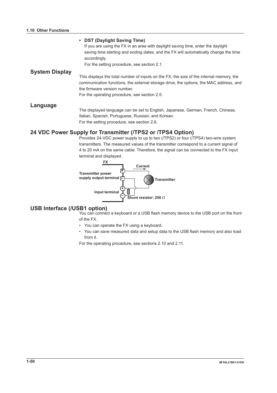 System display, Language, Usb interface (/usb1 option) | Yokogawa Value Series FX1000 User Manual | Page 59 / 327