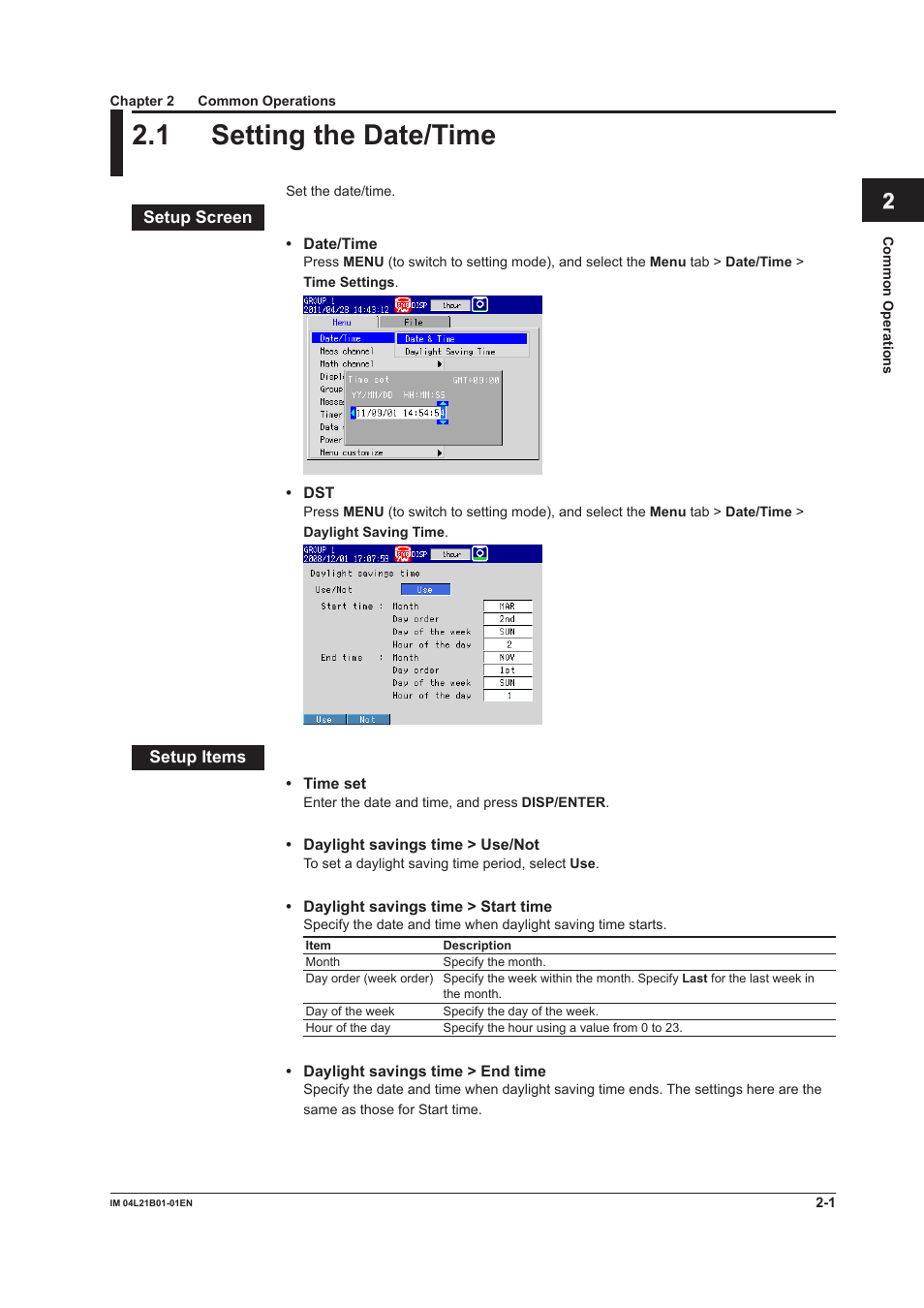 Chapter 2 common operations, 1 setting the date/time, 1 setting the date/time -1 | Yokogawa Value Series FX1000 User Manual | Page 60 / 327