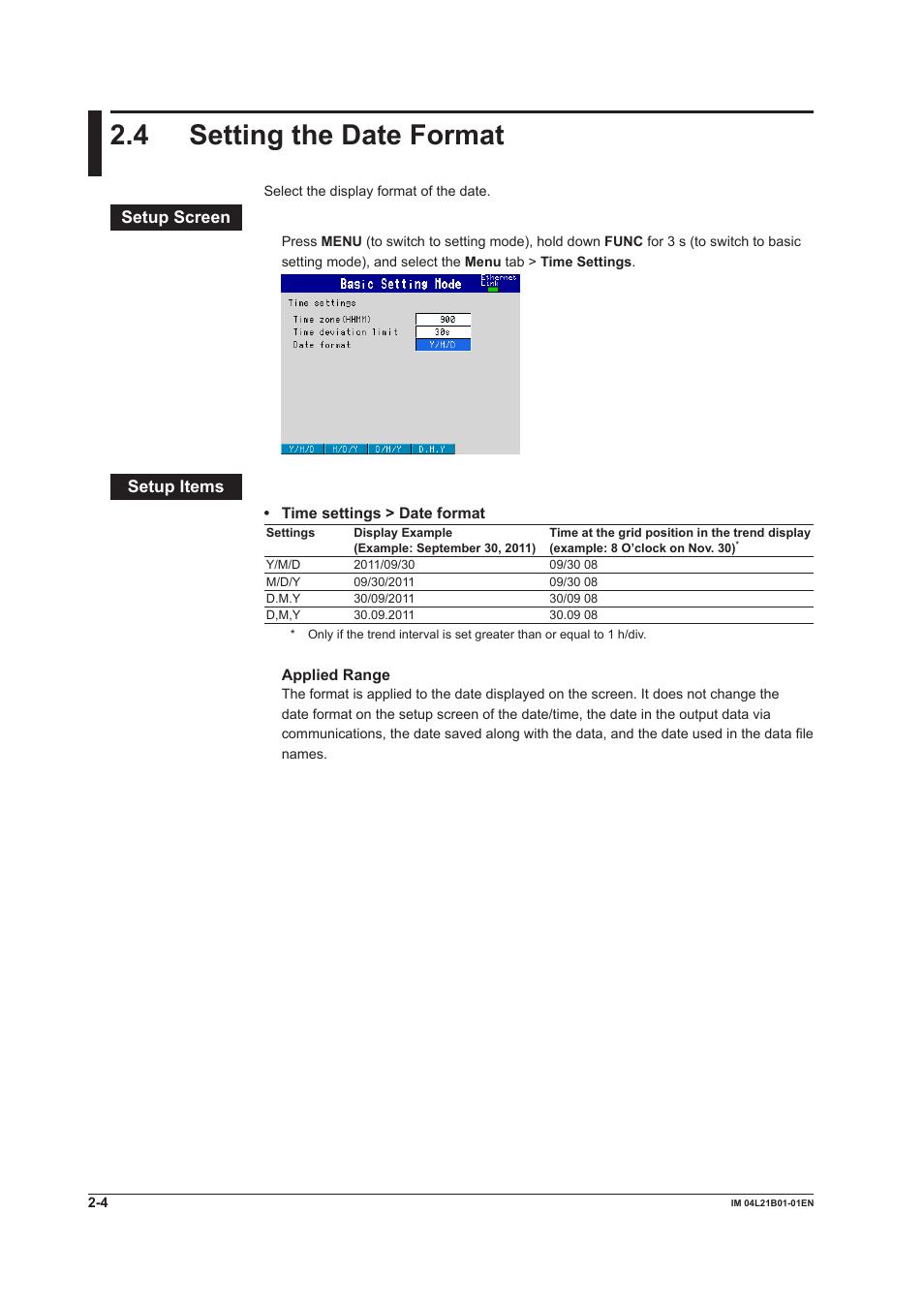 4 setting the date format, 4 setting the date format -4, Setup screen | Setup items | Yokogawa Value Series FX1000 User Manual | Page 63 / 327