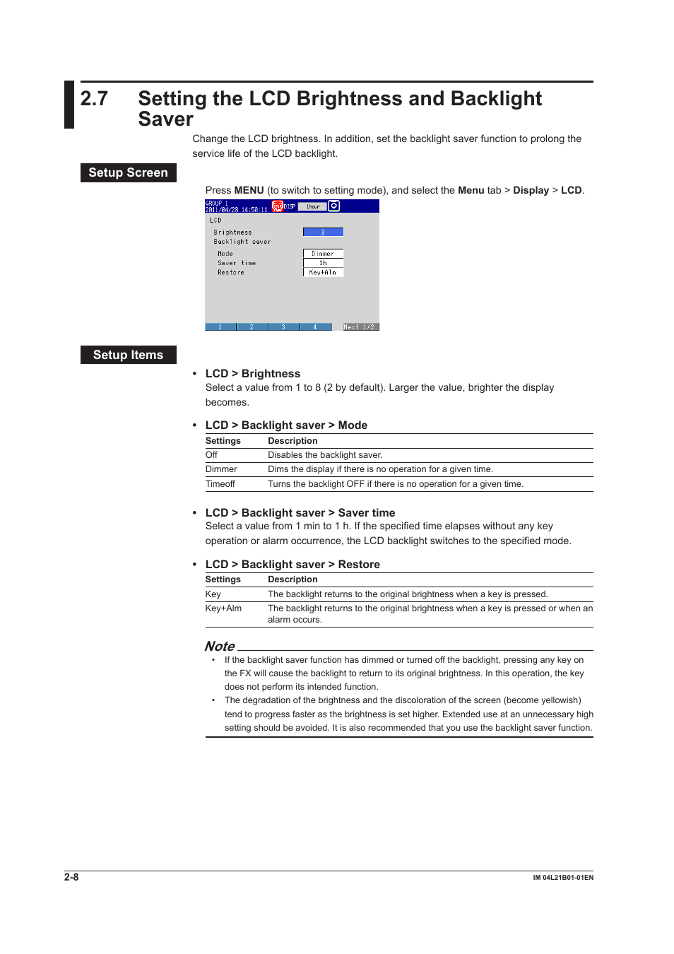 7 setting the lcd brightness and backlight saver | Yokogawa Value Series FX1000 User Manual | Page 67 / 327