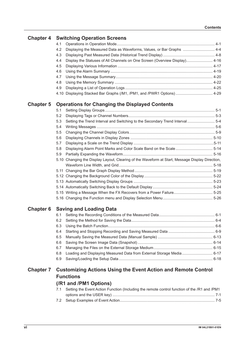 Chapter 4 switching operation screens, Chapter 6 saving and loading data | Yokogawa Value Series FX1000 User Manual | Page 7 / 327