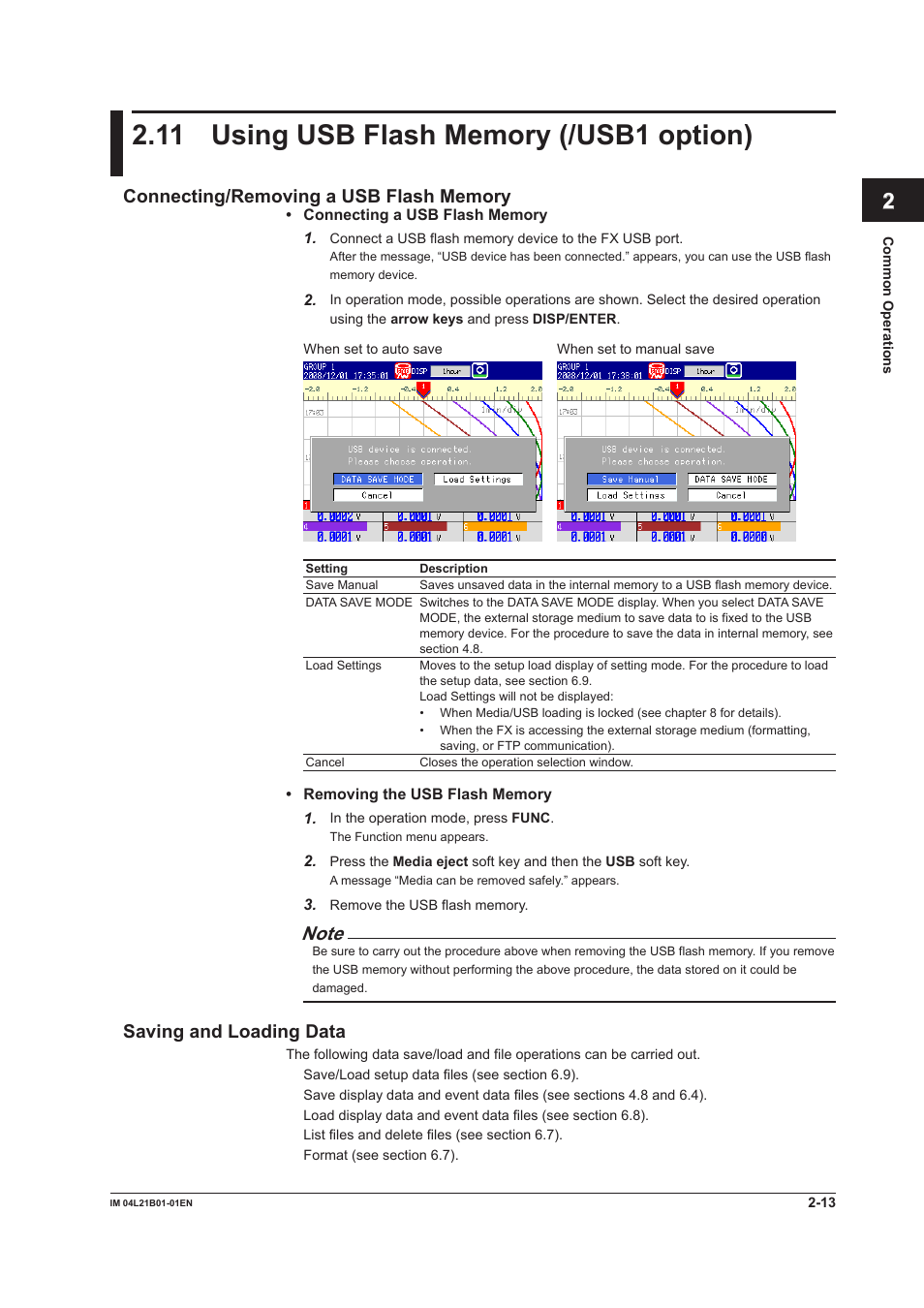 11 using usb flash memory (/usb1 option), 11 using usb flash memory (/usb1 option) -13 | Yokogawa Value Series FX1000 User Manual | Page 72 / 327