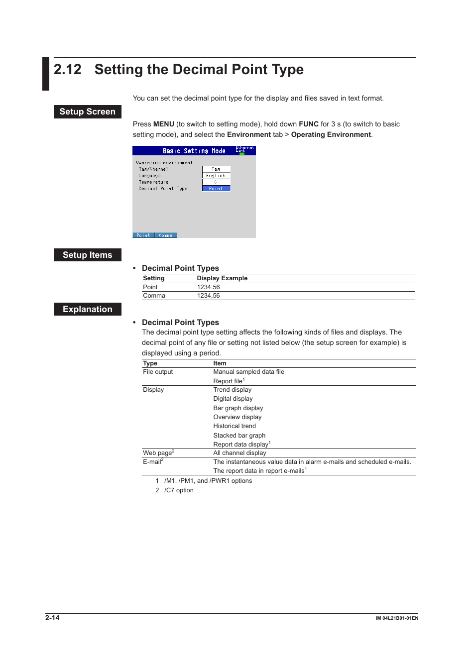 12 setting the decimal point type, 12 setting the decimal point type -14, Setup screen | Setup items, Explanation | Yokogawa Value Series FX1000 User Manual | Page 73 / 327