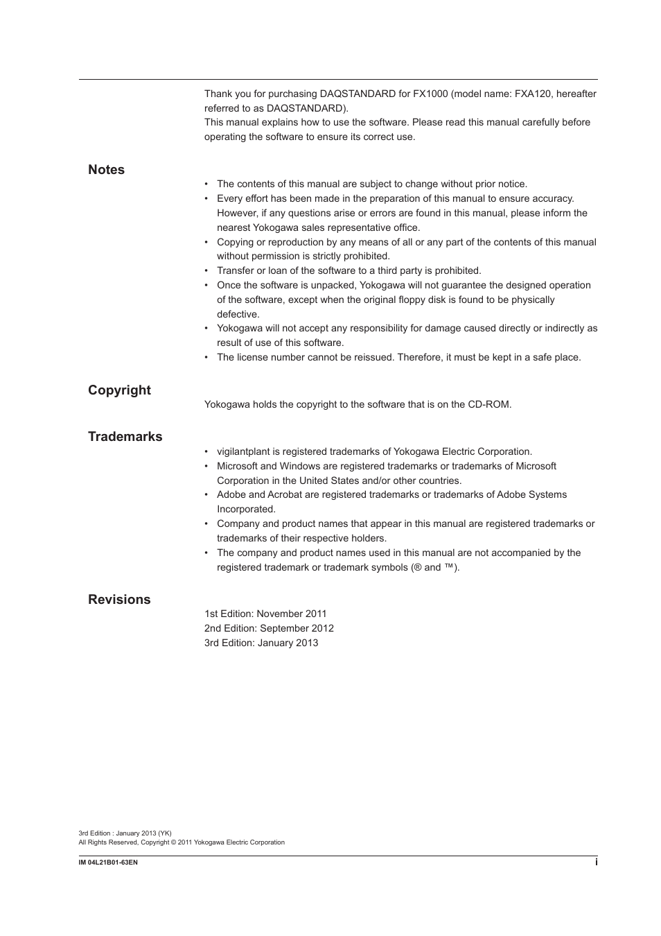 Copyright, Trademarks, Revisions | Yokogawa Value Series FX1000 User Manual | Page 2 / 57