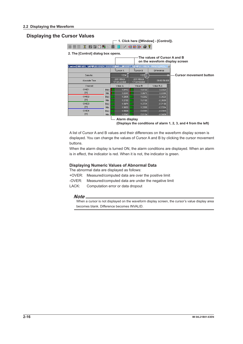 Displaying the cursor values, Displaying the cursor values -16 | Yokogawa Value Series FX1000 User Manual | Page 25 / 57