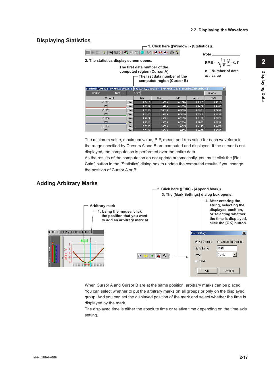 Displaying statistics, Adding arbitrary marks, Index displaying statistics | Yokogawa Value Series FX1000 User Manual | Page 26 / 57