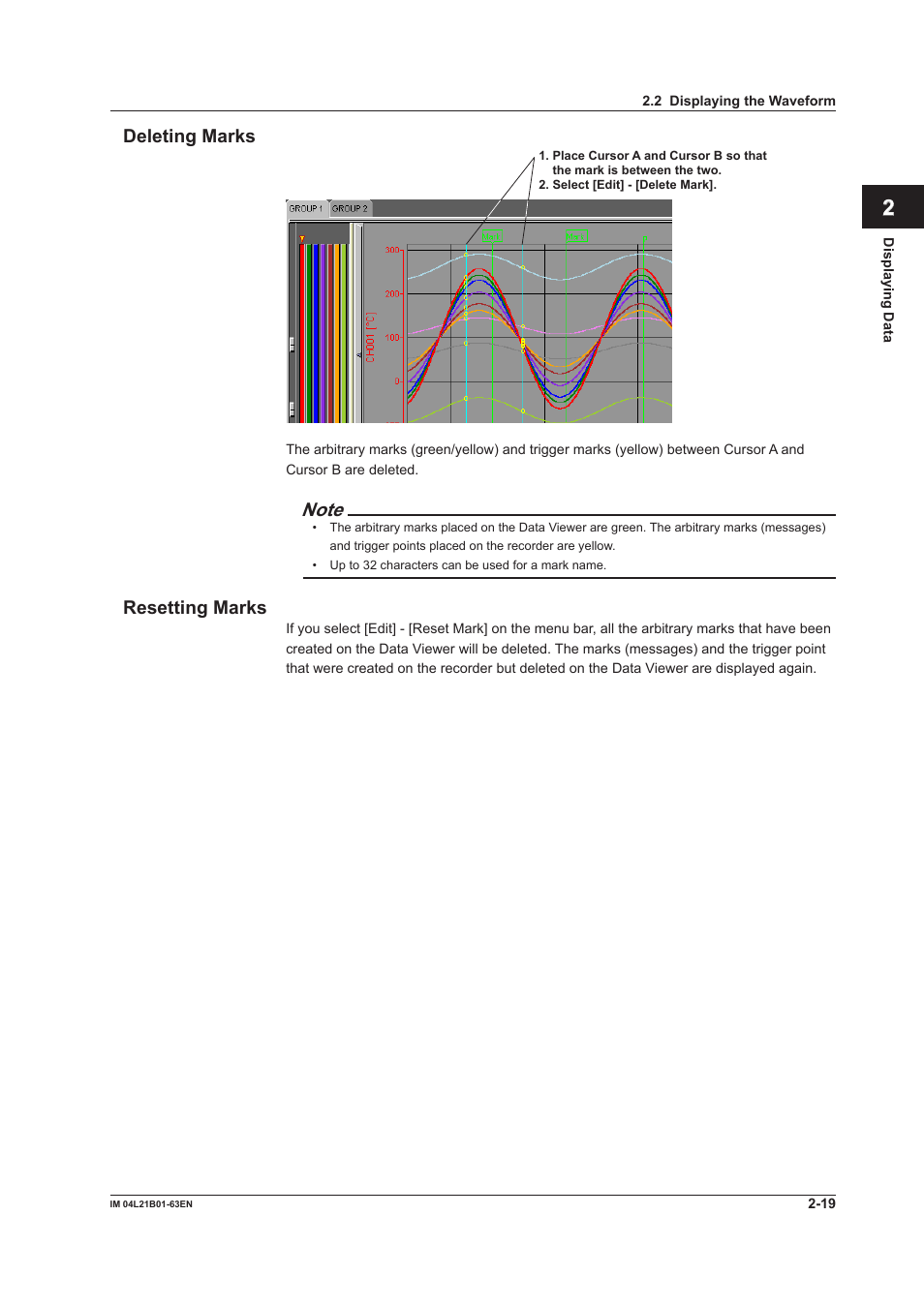 Deleting marks, Resetting marks, Deleting marks -19 resetting marks -19 | Index deleting marks | Yokogawa Value Series FX1000 User Manual | Page 28 / 57