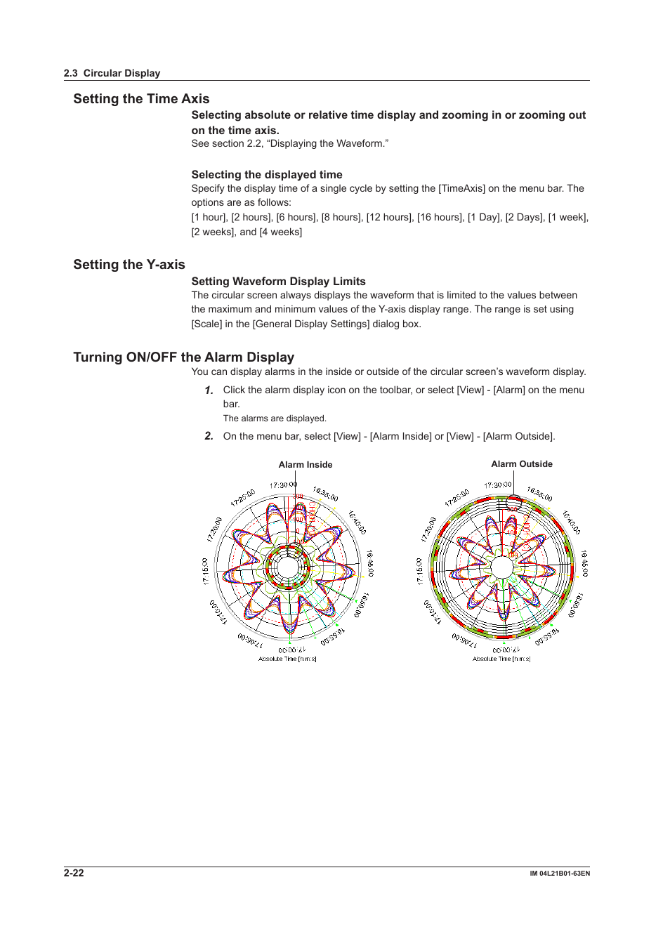 Setting the time axis, Setting the y-axis, Turning on/off the alarm display | Yokogawa Value Series FX1000 User Manual | Page 31 / 57