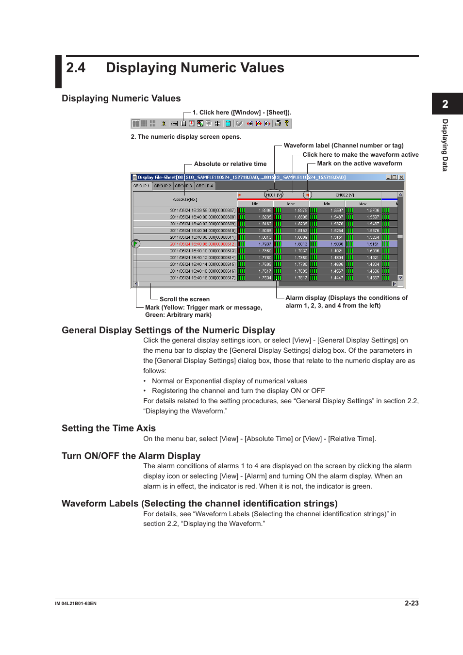 4 displaying numeric values, Displaying numeric values, General display settings of the numeric display | Setting the time axis, Turn on/off the alarm display, 4 displaying numeric values -23, Index | Yokogawa Value Series FX1000 User Manual | Page 32 / 57