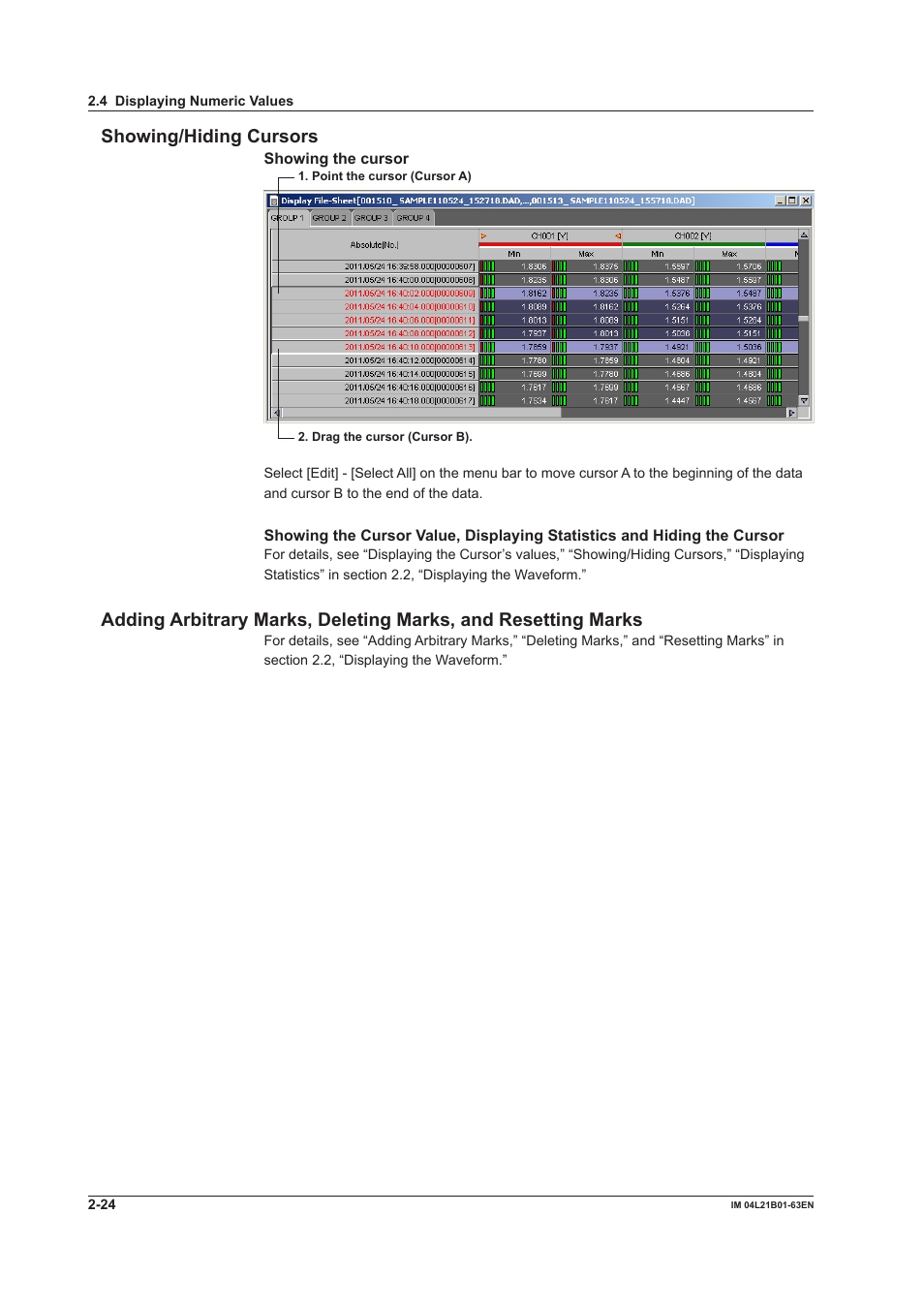 Showing/hiding cursors | Yokogawa Value Series FX1000 User Manual | Page 33 / 57