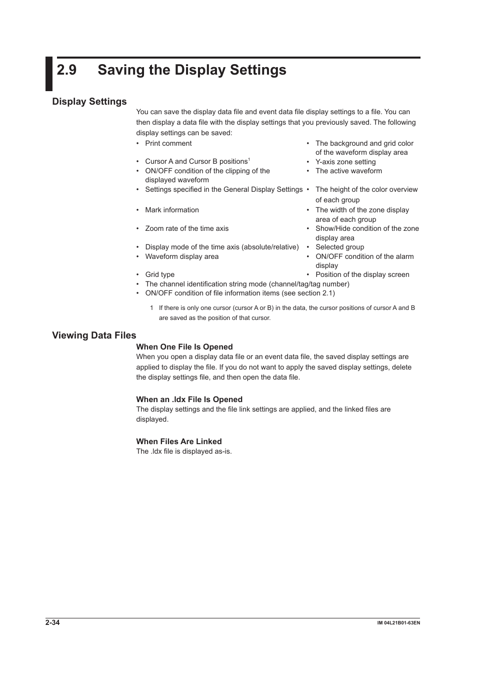 9 saving the display settings, Display settings, Viewing data files | 9 saving the display settings -34, Display settings -34 viewing data files -34 | Yokogawa Value Series FX1000 User Manual | Page 43 / 57