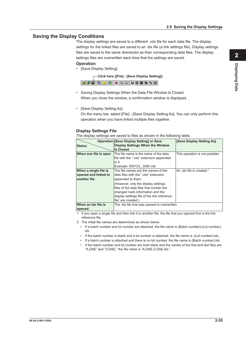 Saving the display conditions, Saving the display conditions -35, Index saving the display conditions | Yokogawa Value Series FX1000 User Manual | Page 44 / 57