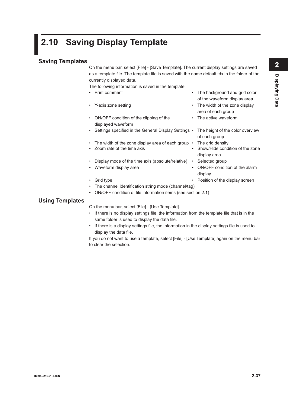 10 saving display template, Saving templates, Using templates | 10 saving display template -37, Saving templates -37 using templates -37, Index | Yokogawa Value Series FX1000 User Manual | Page 46 / 57