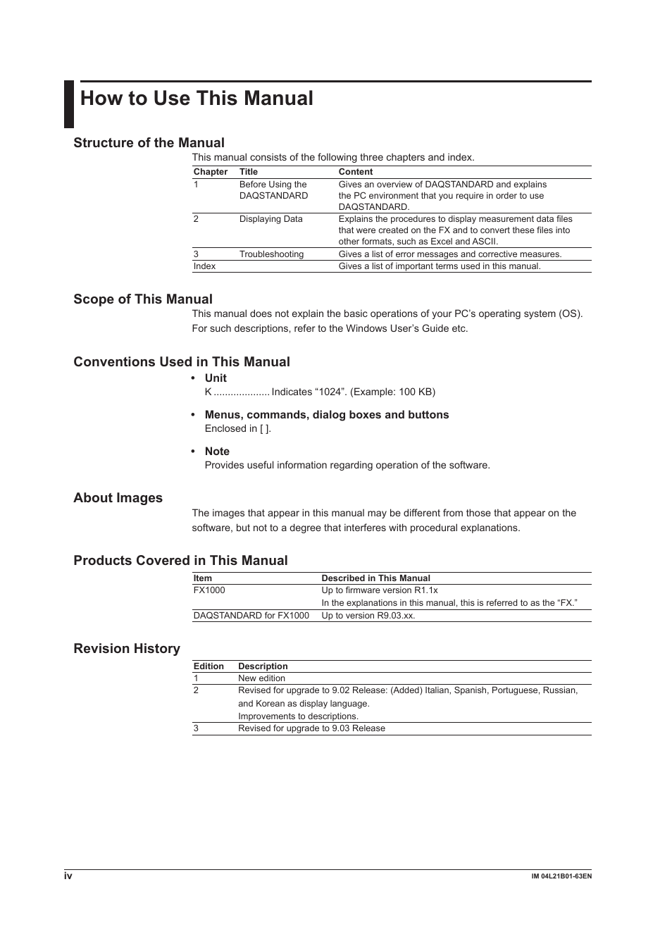 How to use this manual, Structure of the manual, Scope of this manual | Conventions used in this manual, About images, Products covered in this manual, Revision history | Yokogawa Value Series FX1000 User Manual | Page 5 / 57