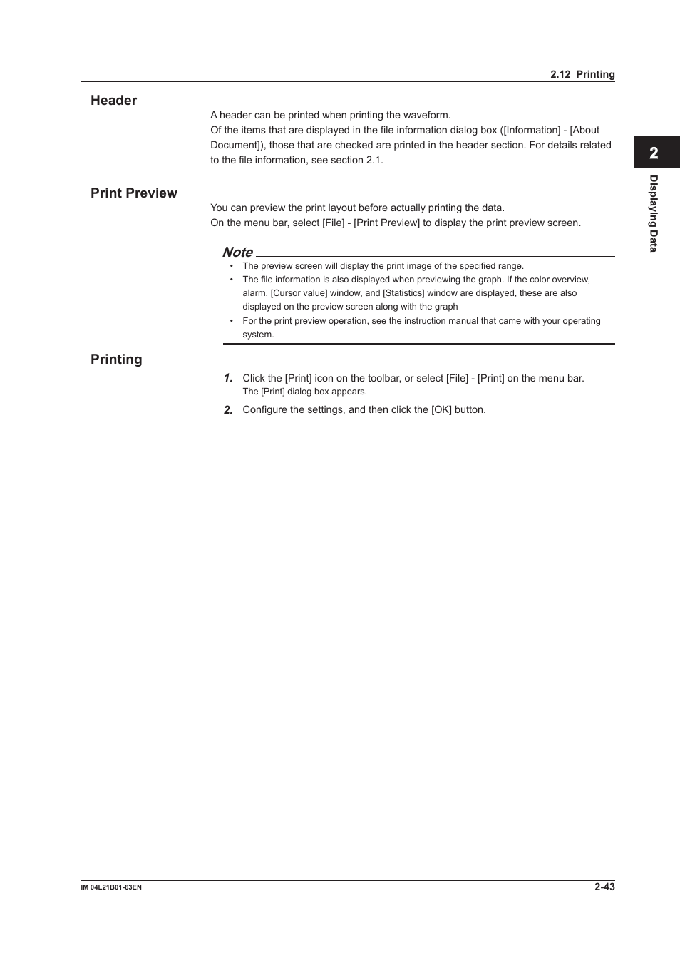 Header, Print preview, Printing | Header -43 print preview -43 printing -43 | Yokogawa Value Series FX1000 User Manual | Page 52 / 57