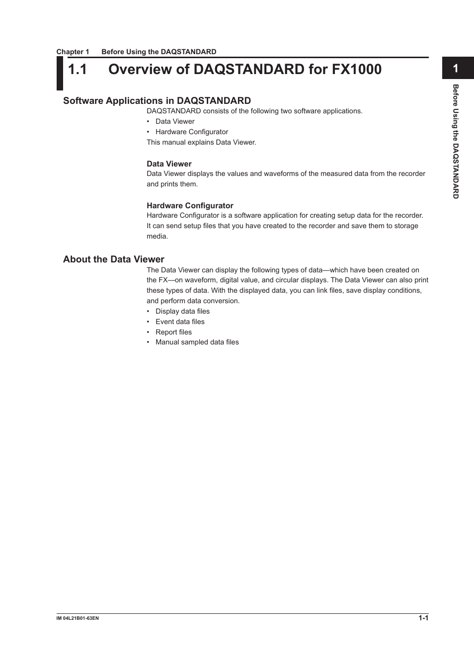 Chapter 1 before using the daqstandard, 1 overview of daqstandard for fx1000, Software applications in daqstandard | About the data viewer, 1 overview of daqstandard for fx1000 -1 | Yokogawa Value Series FX1000 User Manual | Page 8 / 57