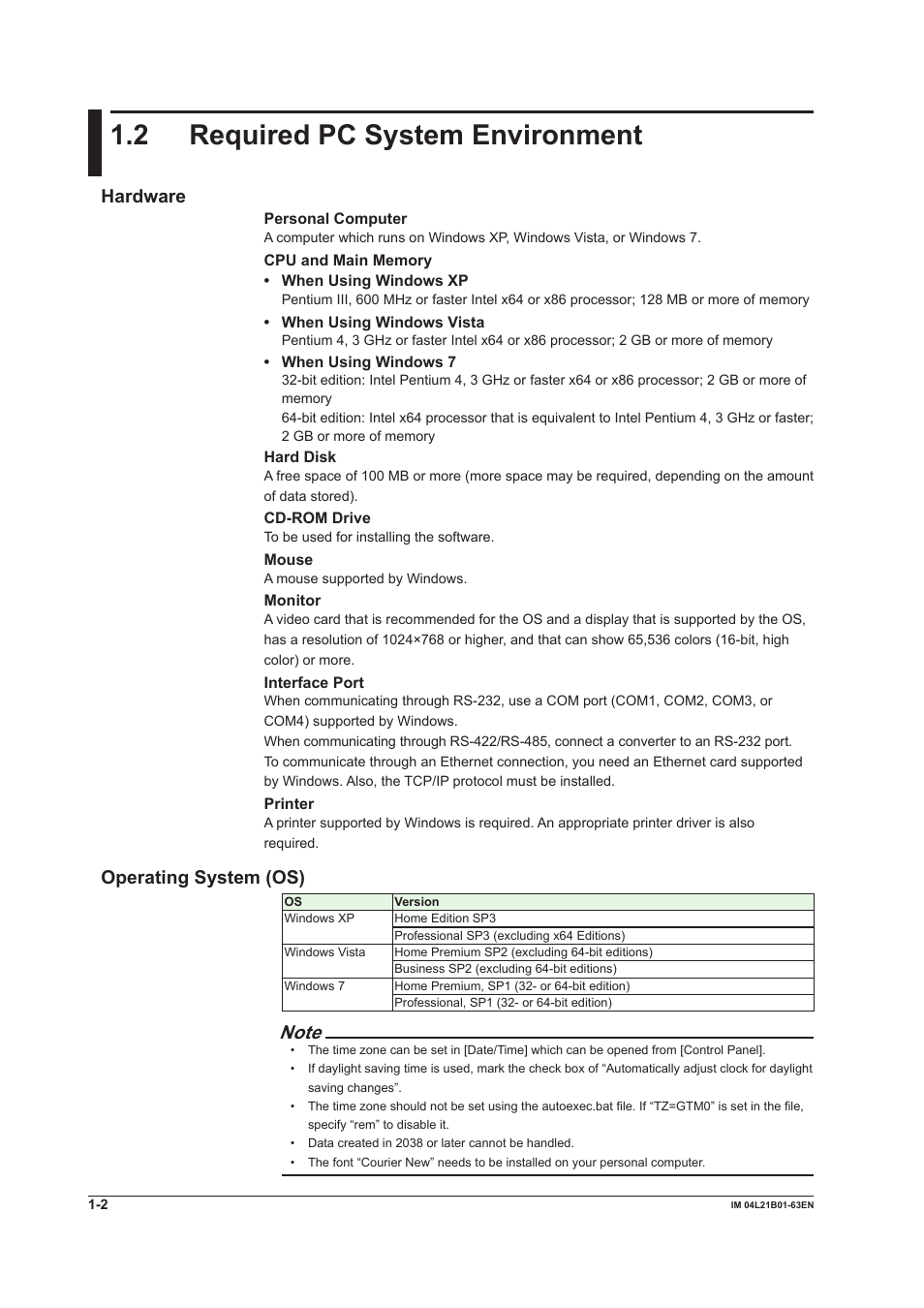 2 required pc system environment, Hardware, Operating system (os) | 2 required pc system environment -2, Hardware -2 operating system (os) -2 | Yokogawa Value Series FX1000 User Manual | Page 9 / 57