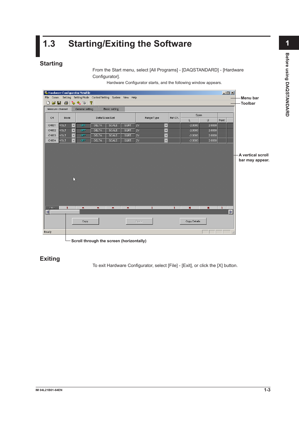 3 starting/exiting the software, 3 starting/exiting the software -3 | Yokogawa Value Series FX1000 User Manual | Page 10 / 95