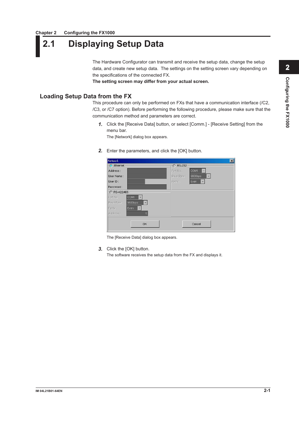 Chapter 2 configuring the fx1000, 1 displaying setup data, Loading setup data from the fx | 1 displaying setup data -1, Loading setup data from the fx -1 | Yokogawa Value Series FX1000 User Manual | Page 14 / 95