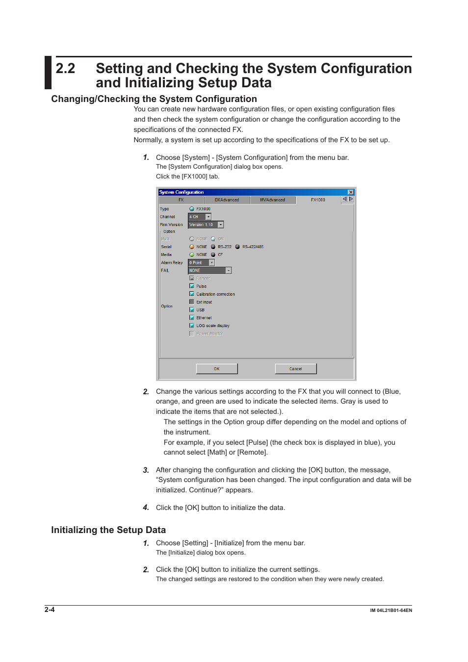 Changing/checking the system configuration, Initializing the setup data | Yokogawa Value Series FX1000 User Manual | Page 17 / 95