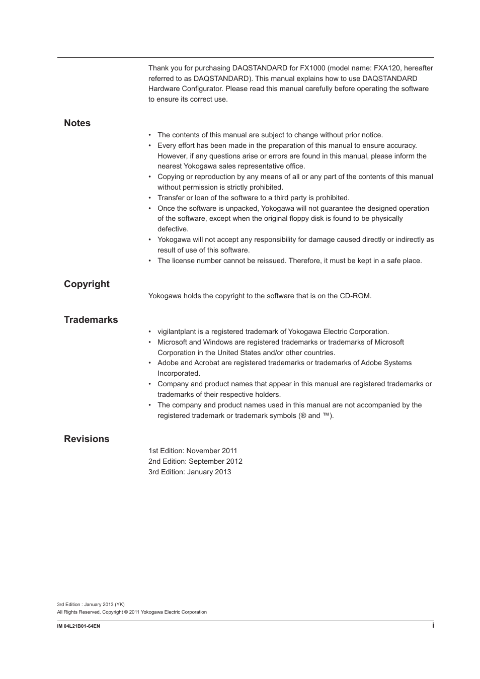 Copyright, Trademarks, Revisions | Yokogawa Value Series FX1000 User Manual | Page 2 / 95