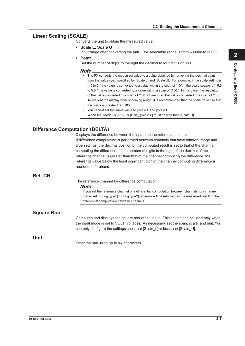 Linear scaling (scale), Difference computation (delta), Ref. ch | Square root, Unit | Yokogawa Value Series FX1000 User Manual | Page 20 / 95