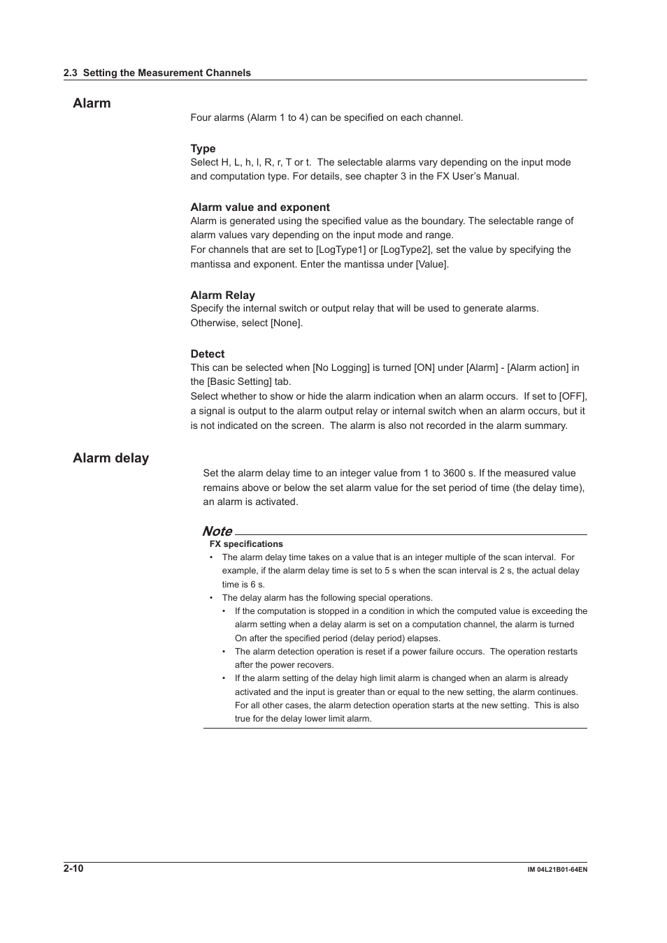 Alarm, Alarm delay, Alarm -10 alarm delay -10 | Yokogawa Value Series FX1000 User Manual | Page 23 / 95