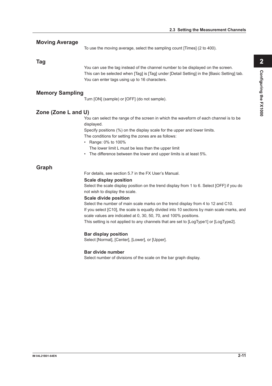 Moving average, Memory sampling, Zone (zone l and u) | Graph | Yokogawa Value Series FX1000 User Manual | Page 24 / 95