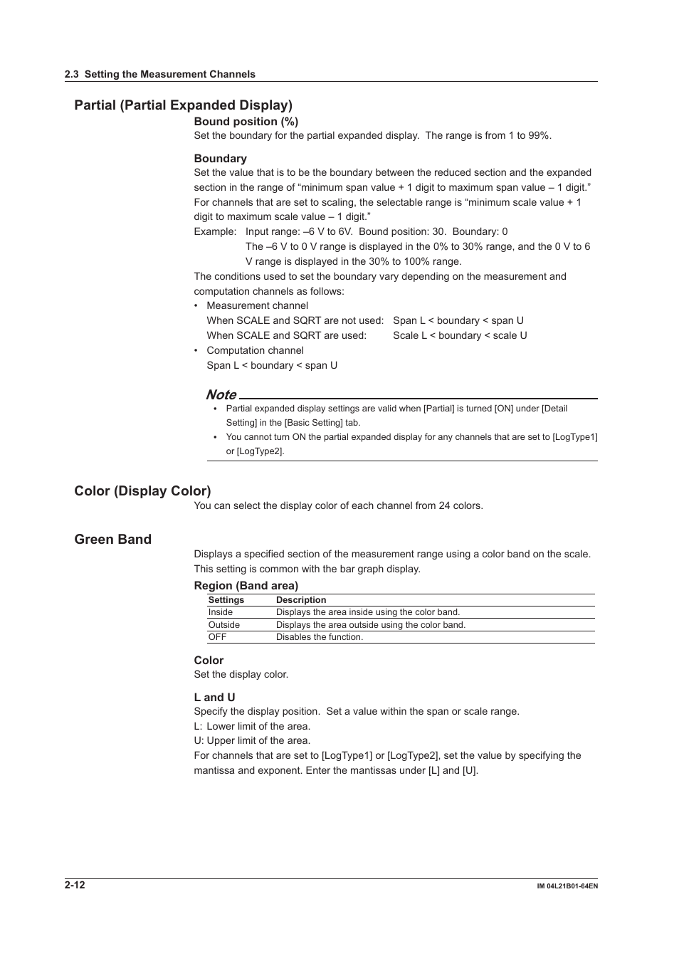 Partial (partial expanded display), Color (display color), Green band | Yokogawa Value Series FX1000 User Manual | Page 25 / 95