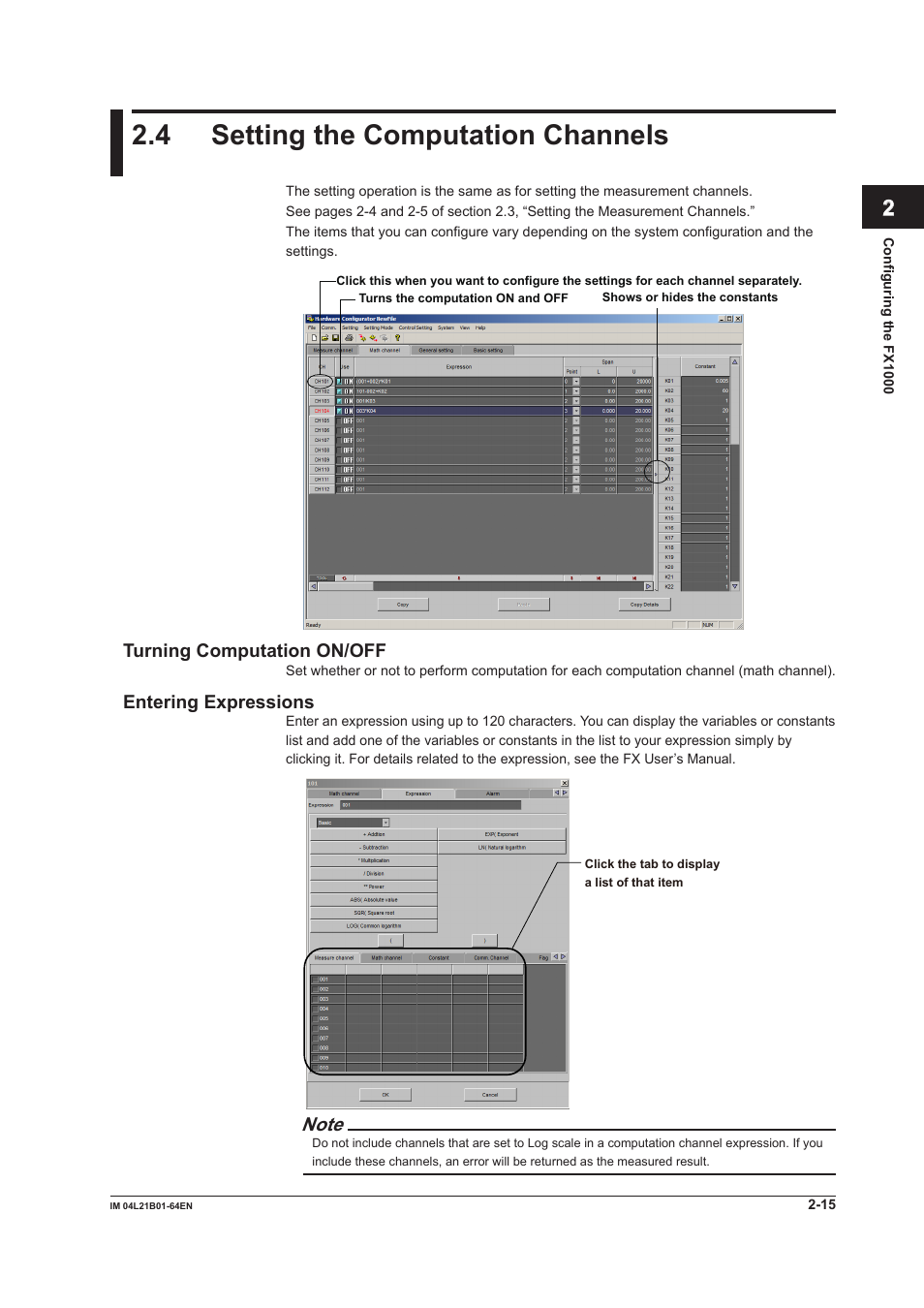 4 setting the computation channels, Turning computation on/off, Entering expressions | 4 setting the computation channels -15 | Yokogawa Value Series FX1000 User Manual | Page 28 / 95