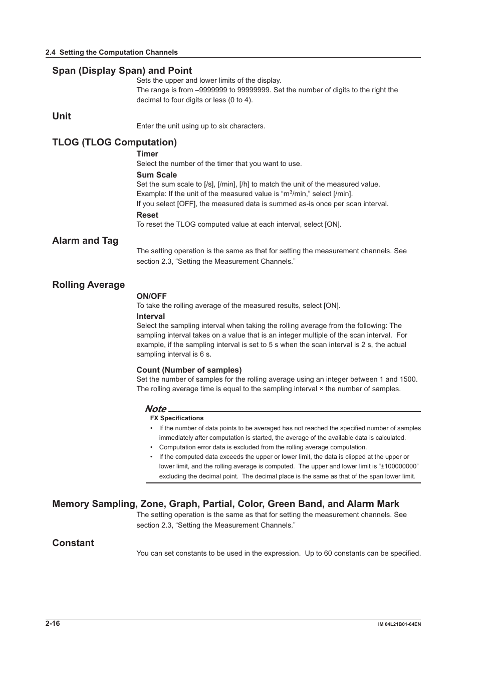 Span (display span) and point, Unit, Tlog (tlog computation) | Alarm and tag, Rolling average, Constant | Yokogawa Value Series FX1000 User Manual | Page 29 / 95