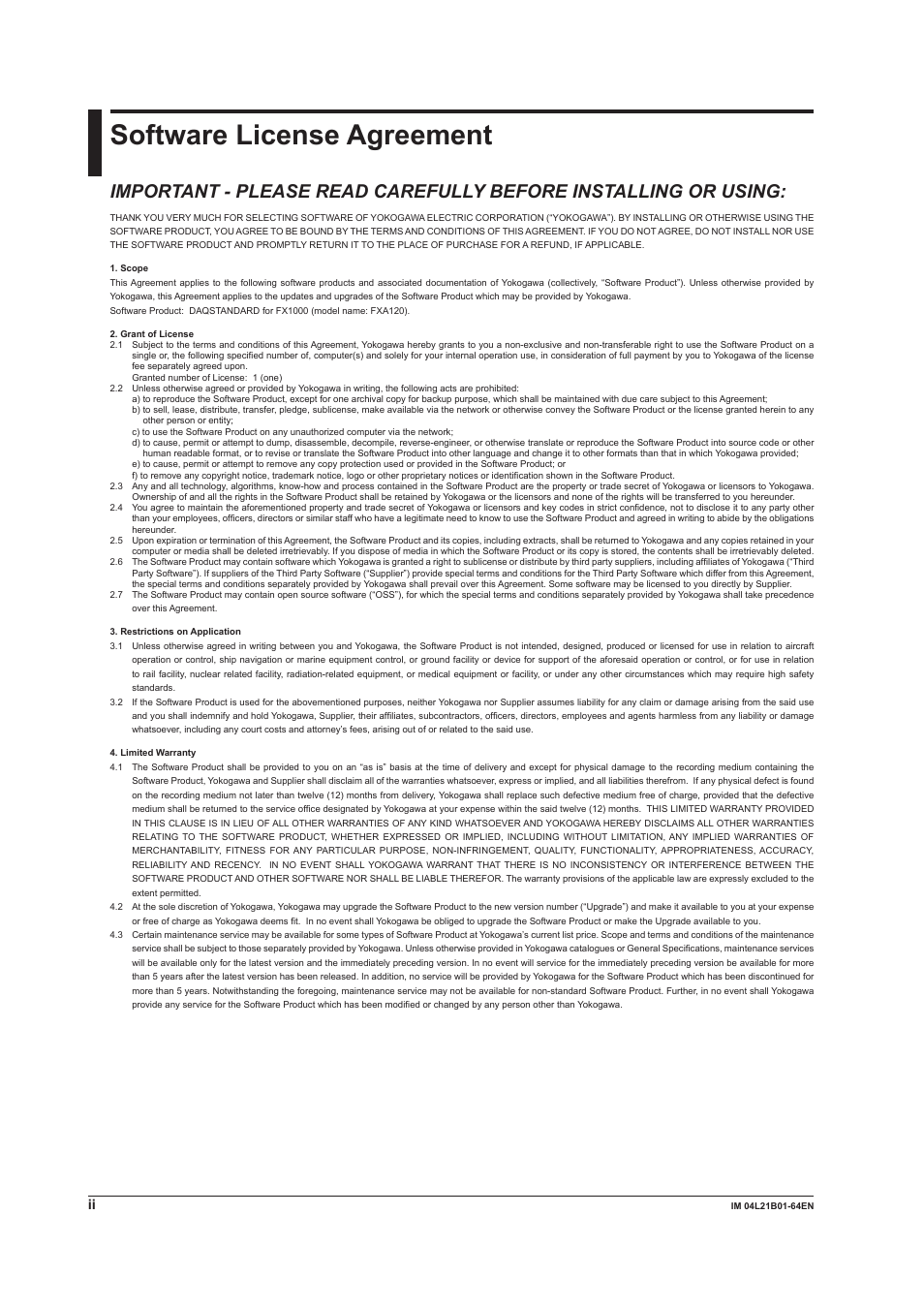 Software license agreement | Yokogawa Value Series FX1000 User Manual | Page 3 / 95