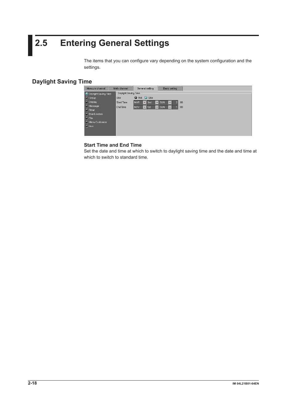 5 entering general settings, Daylight saving time, 5 entering general settings -18 | Daylight saving time -18 | Yokogawa Value Series FX1000 User Manual | Page 31 / 95