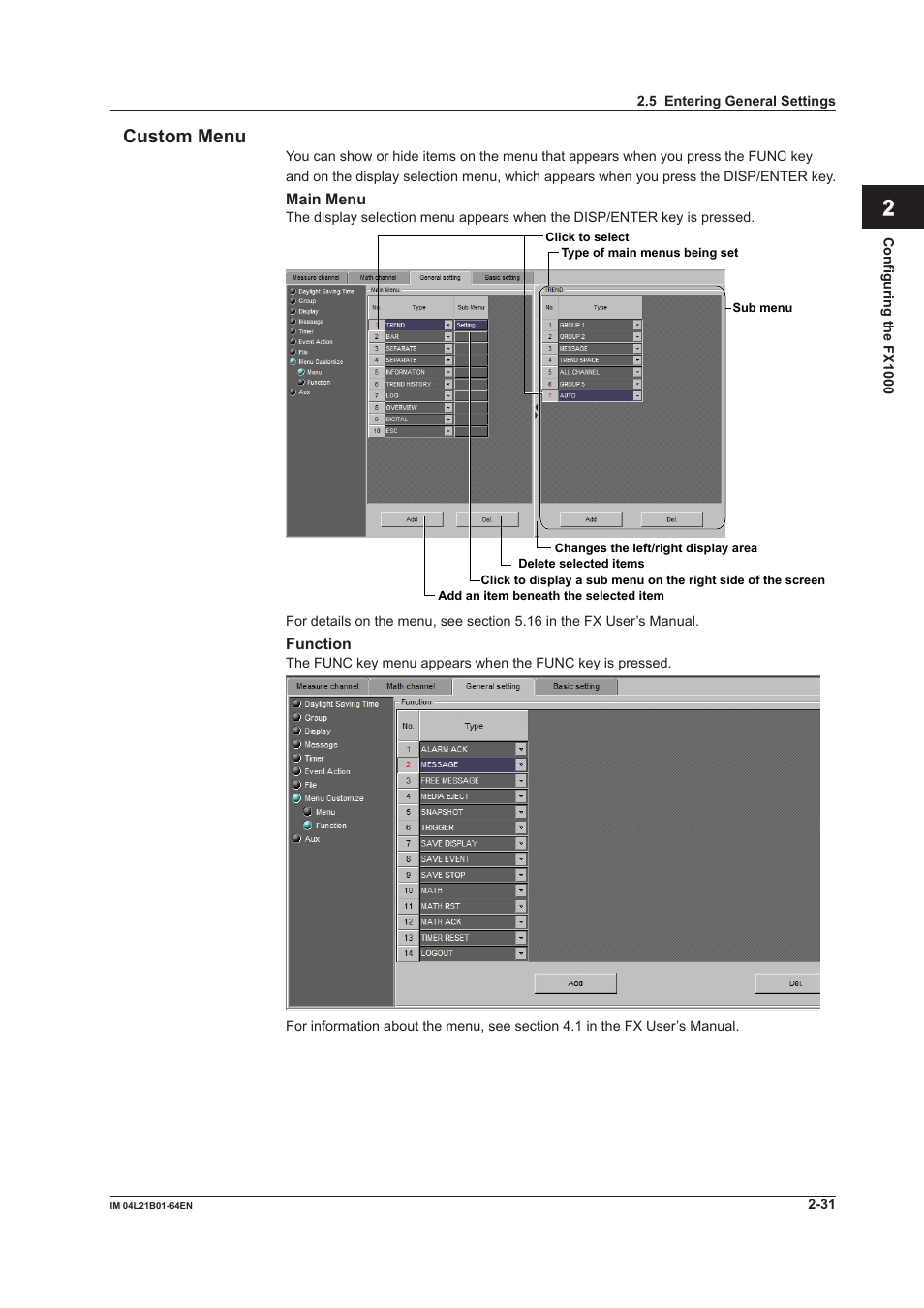 Custom menu, Custom menu -31, Index custom menu | Yokogawa Value Series FX1000 User Manual | Page 44 / 95