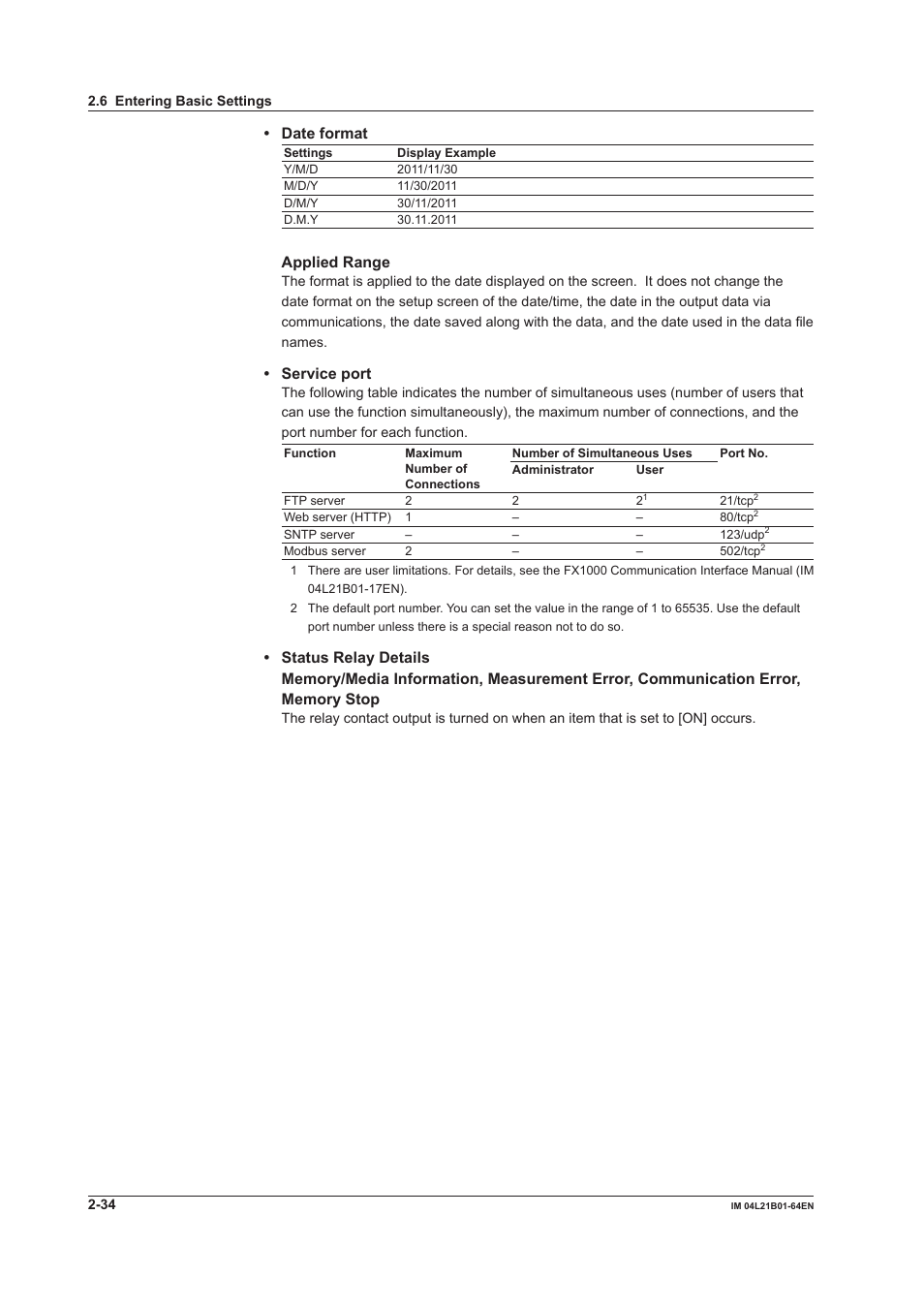 Date format, Applied range, Service port | Yokogawa Value Series FX1000 User Manual | Page 47 / 95