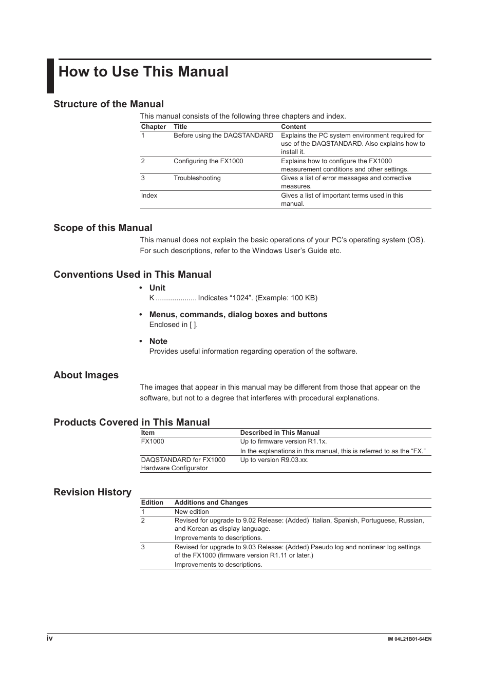 How to use this manual, Structure of the manual, Scope of this manual | Conventions used in this manual, About images, Products covered in this manual, Revision history | Yokogawa Value Series FX1000 User Manual | Page 5 / 95