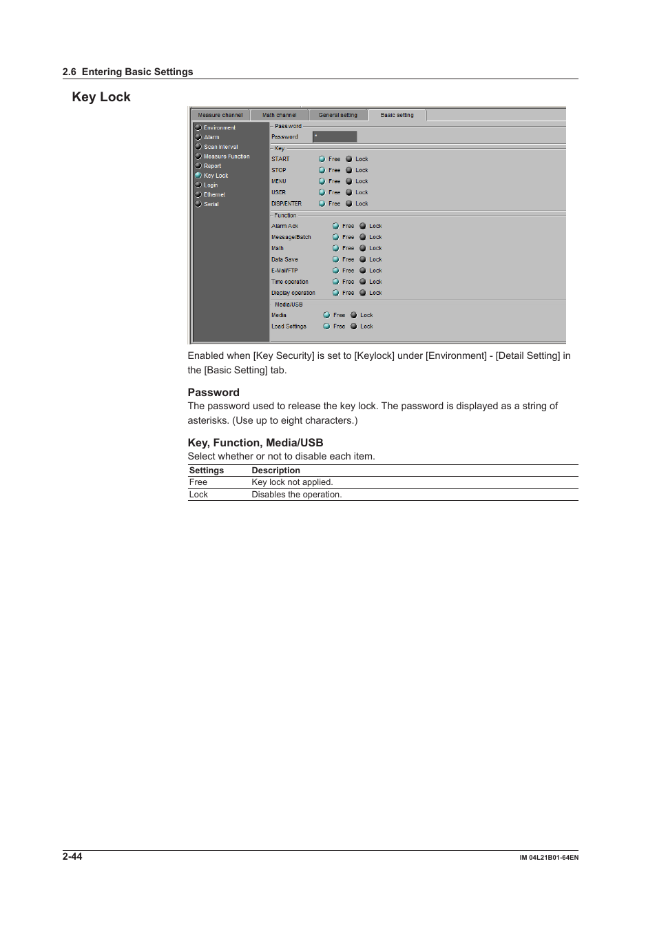 Key lock, Key lock -44 | Yokogawa Value Series FX1000 User Manual | Page 57 / 95