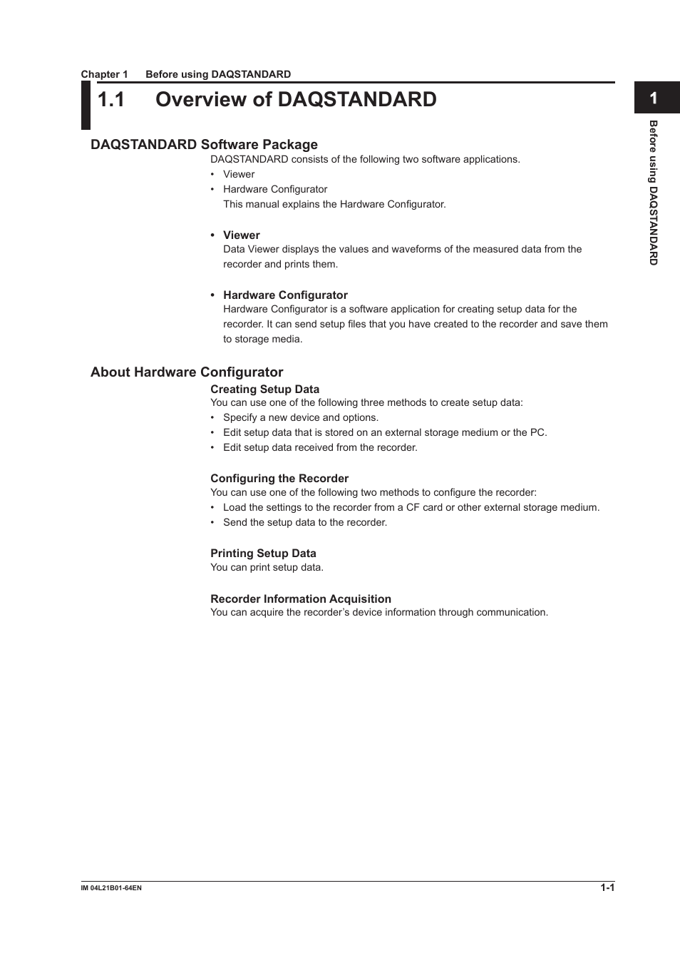 Chapter 1 before using daqstandard, 1 overview of daqstandard, Daqstandard software package | About hardware configurator, 1 overview of daqstandard -1 | Yokogawa Value Series FX1000 User Manual | Page 8 / 95