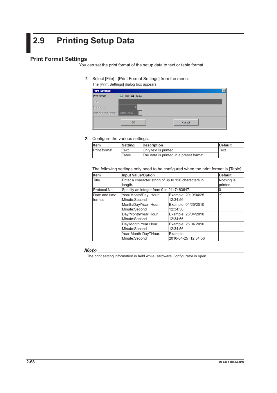 9 printing setup data, Print format settings, 9 printing setup data -68 | Print format settings -68 | Yokogawa Value Series FX1000 User Manual | Page 81 / 95