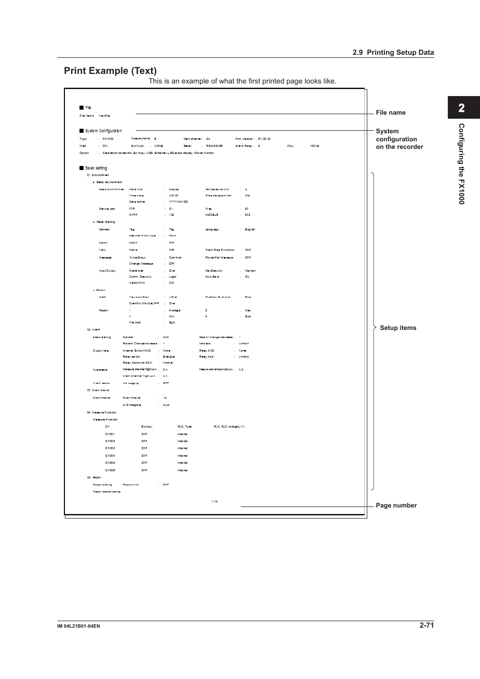 Print example (text), Print example (text) -71, Index print example (text) | Yokogawa Value Series FX1000 User Manual | Page 84 / 95