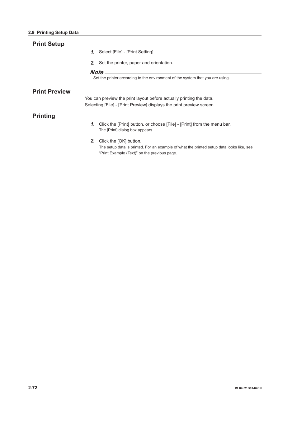 Print setup, Print preview, Printing | Print setup -72 print preview -72 printing -72 | Yokogawa Value Series FX1000 User Manual | Page 85 / 95