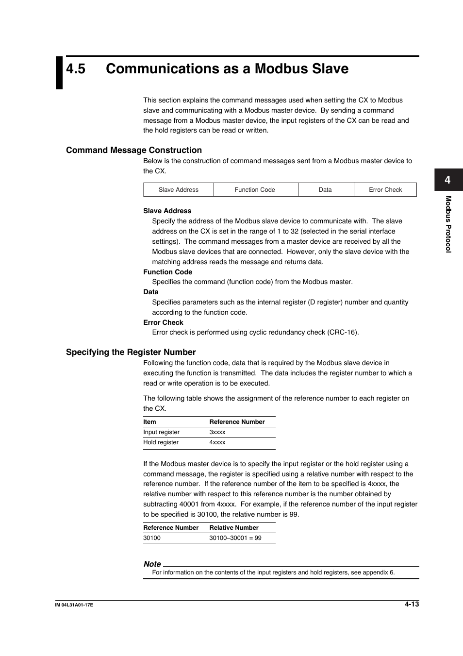 5 communications as a modbus slave, Command message construction, Specifying the register number | Yokogawa Data Acquisition with PID Control CX2000 User Manual | Page 107 / 321