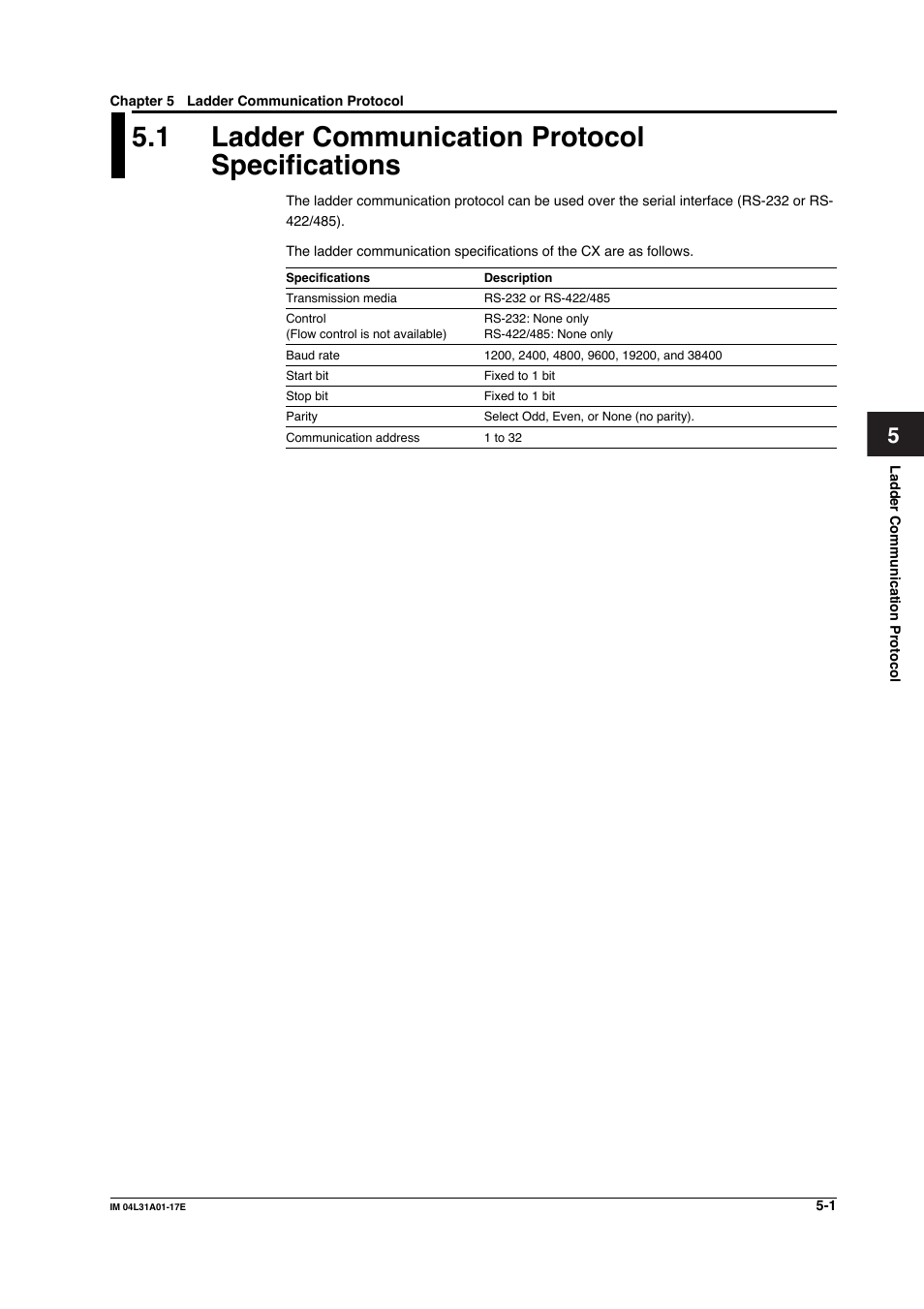Chapter 5 ladder communication protocol, 1 ladder communication protocol specifications, Ladder communication protocol specifications -1 | Yokogawa Data Acquisition with PID Control CX2000 User Manual | Page 111 / 321